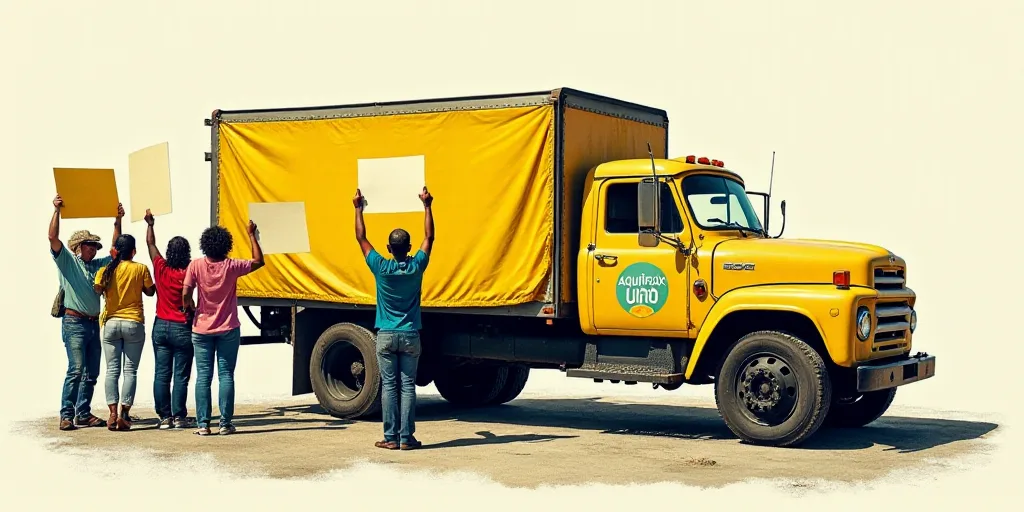a group of people holding signs standing next to a truck with a yellow banner on it's back, Aquirax
