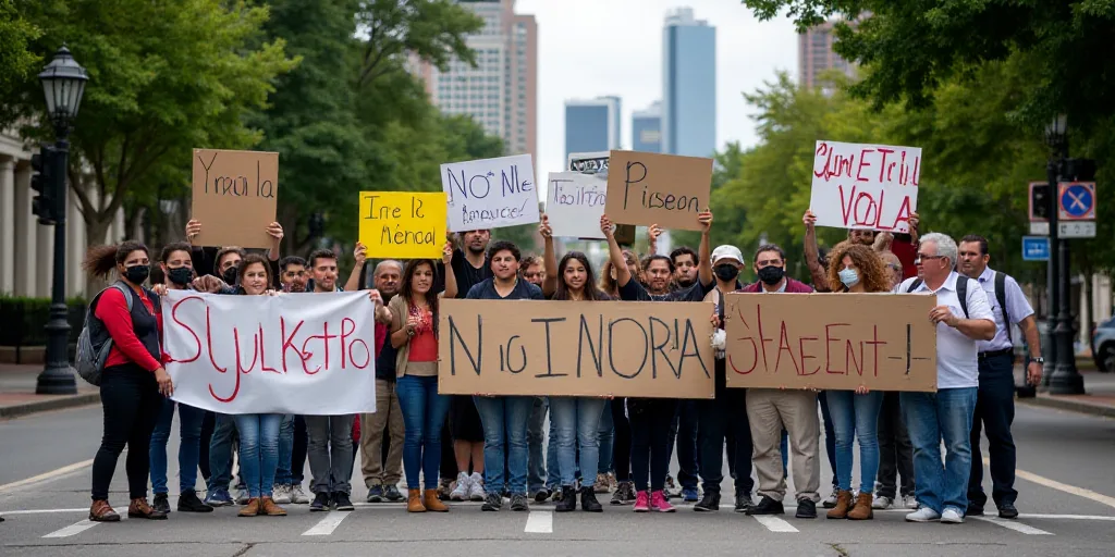 a group of people holding signs in spanish and english on a street corner with trees and buildings i