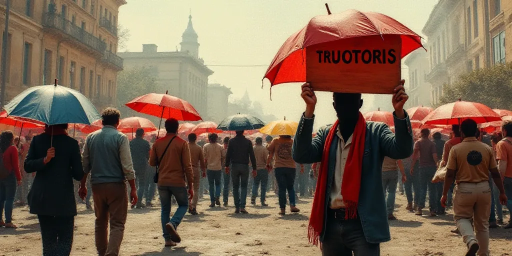 a group of people holding signs and umbrellas in a protest area with a man holding a sign that says