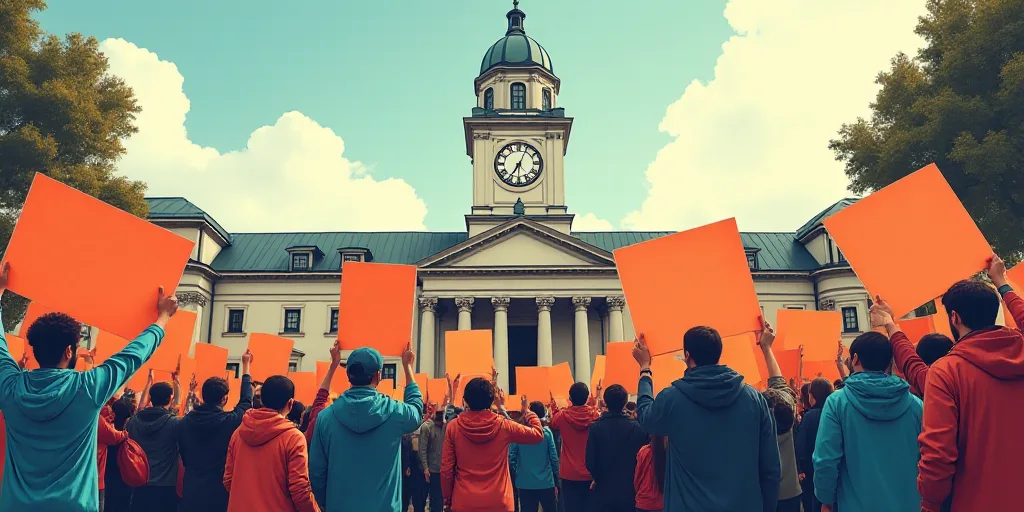 a group of people holding signs in front of a building with a clock tower in the background and a sk