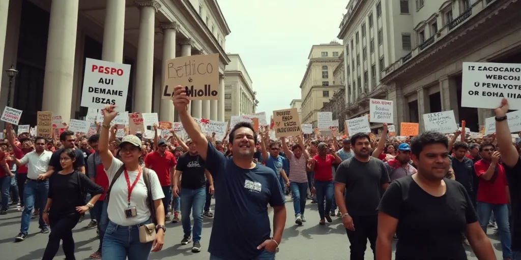 a group of people holding signs in a protest in a city street with buildings in the background and p