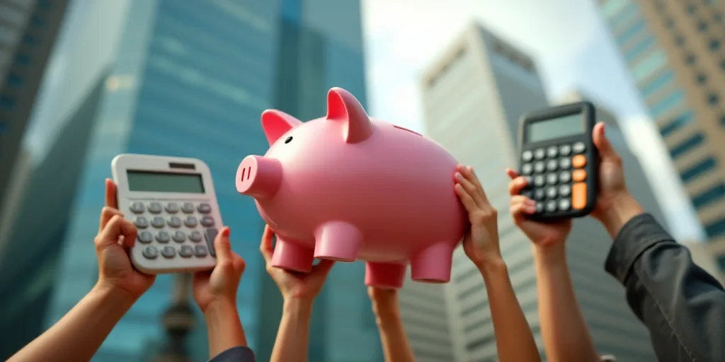 a group of people holding up a piggy bank and a calculator in front of a building, Cui Bai, 16k, a s