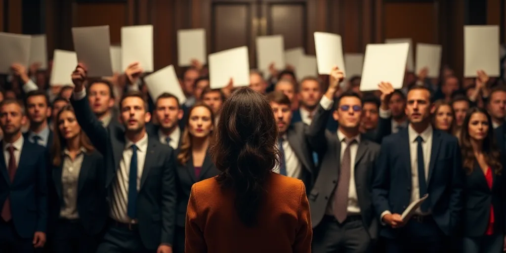 a group of people holding up papers in front of a crowd of people in suits and ties, all holding up