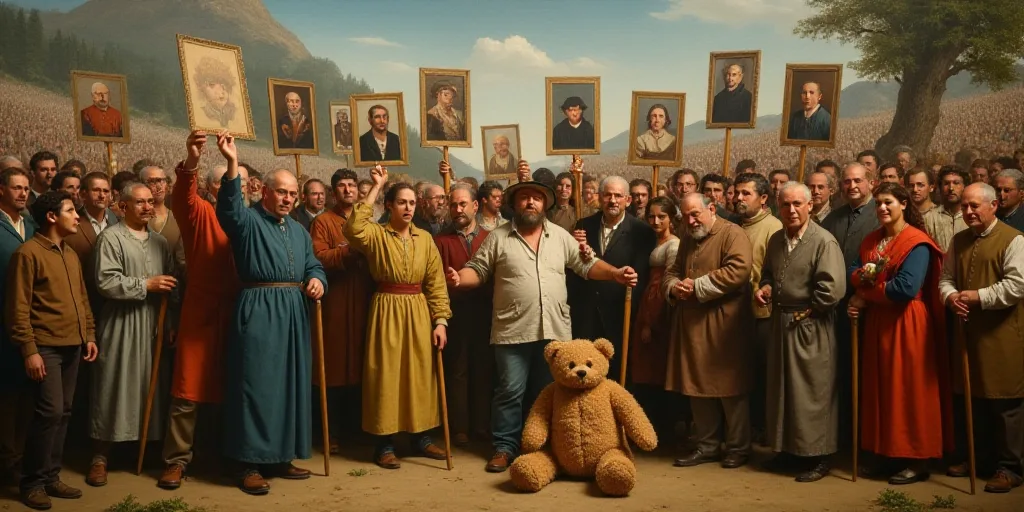 a group of people holding up pictures and a teddy bear in front of them with a large crowd behind th