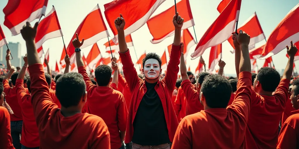 a group of people holding up red and white flags and wearing masks and holding up their hands in the