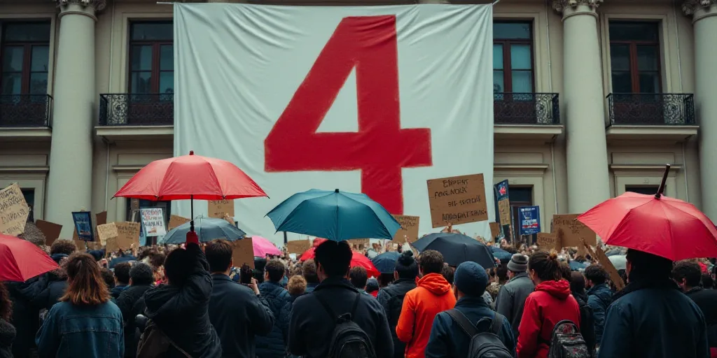 a group of people holding up signs and umbrellas in front of a building with a large number 4, Aquir