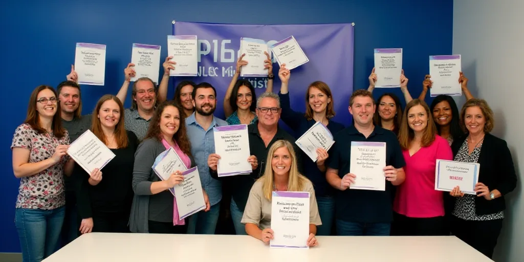 a group of people holding up signs in front of a table with a blue wall behind them and a blue sign
