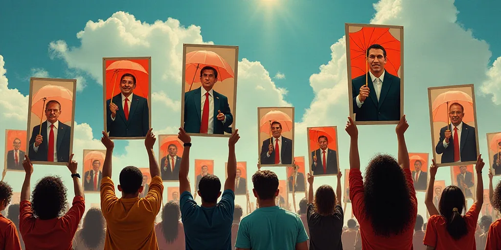 a group of people holding up signs with pictures of people holding umbrellas and signs with politica