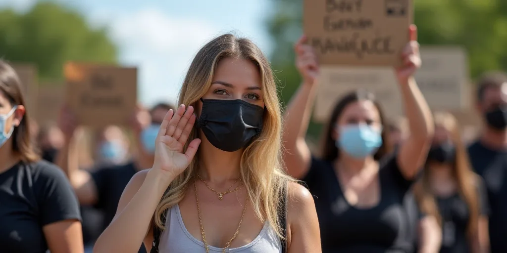 a group of people holding up signs and wearing masks and masks on their faces and hands, with one wo