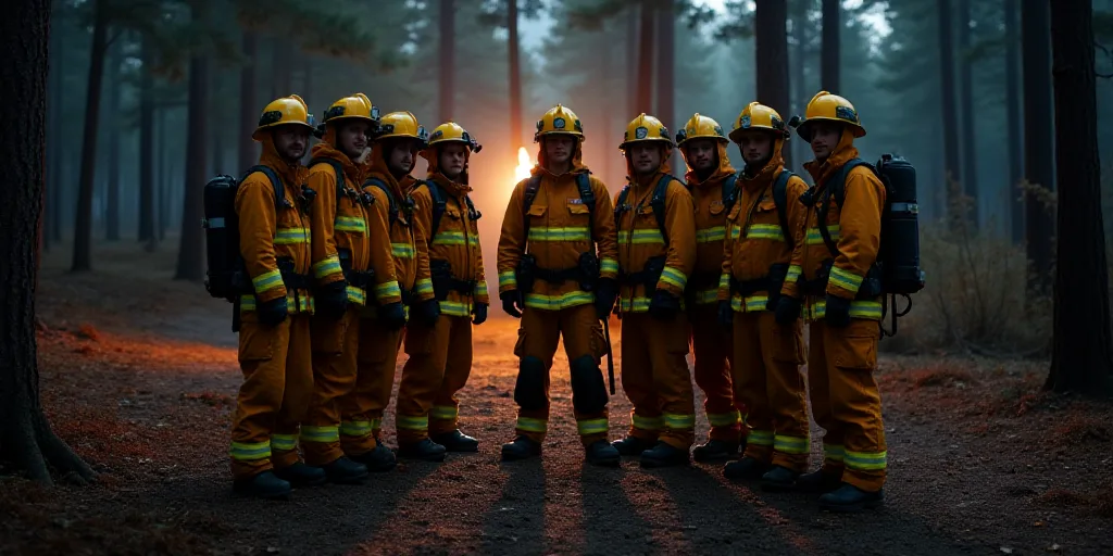 a group of people in fire fighters gear posing for a picture in the woods at night time with a firem