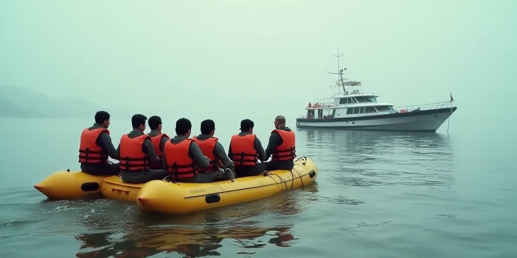a group of people in life jackets are on a raft in the water with a boat in the background, Ai Weiwe