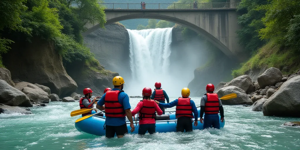 a group of people in life jackets and helmets standing in a river near a waterfall and a bridge with