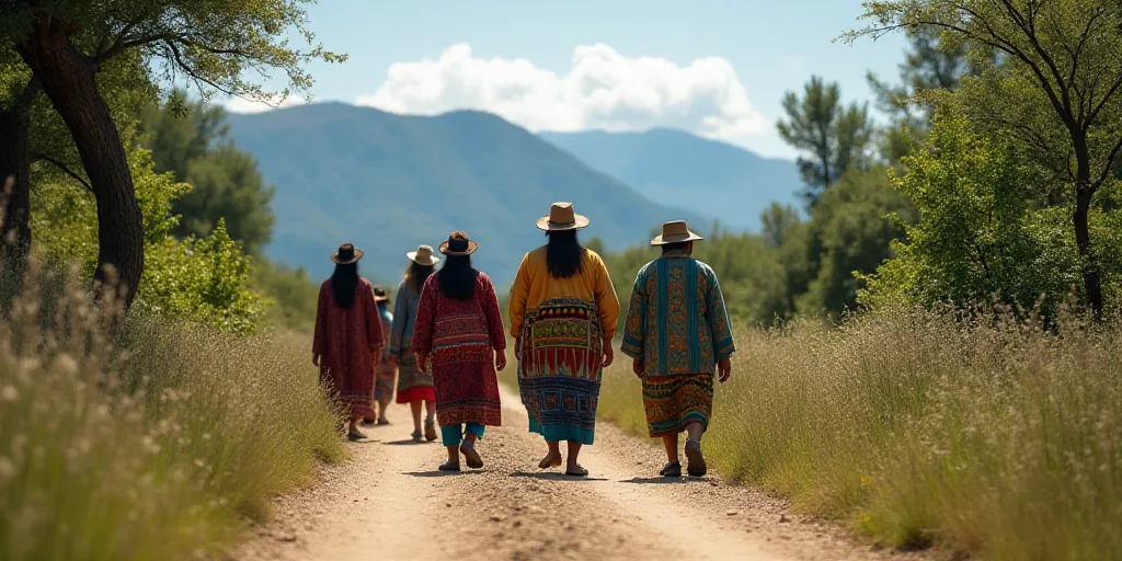 a group of people in native clothing walking down a dirt road with mountains in the background and t