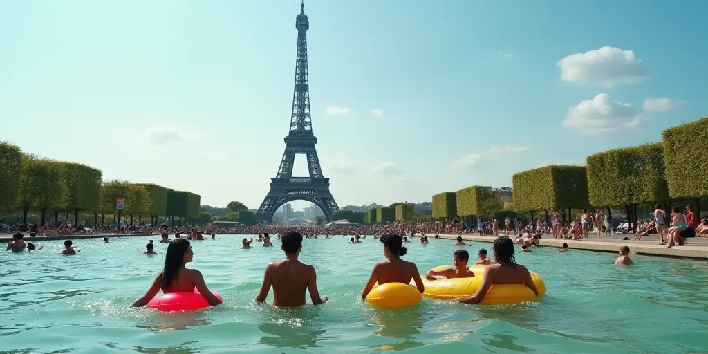 a group of people in the water with inflatables in front of the eiffel tower, Charles Angrand, summe