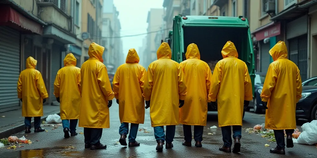 a group of people in yellow raincoats standing in a street with garbage on the ground and a garbage