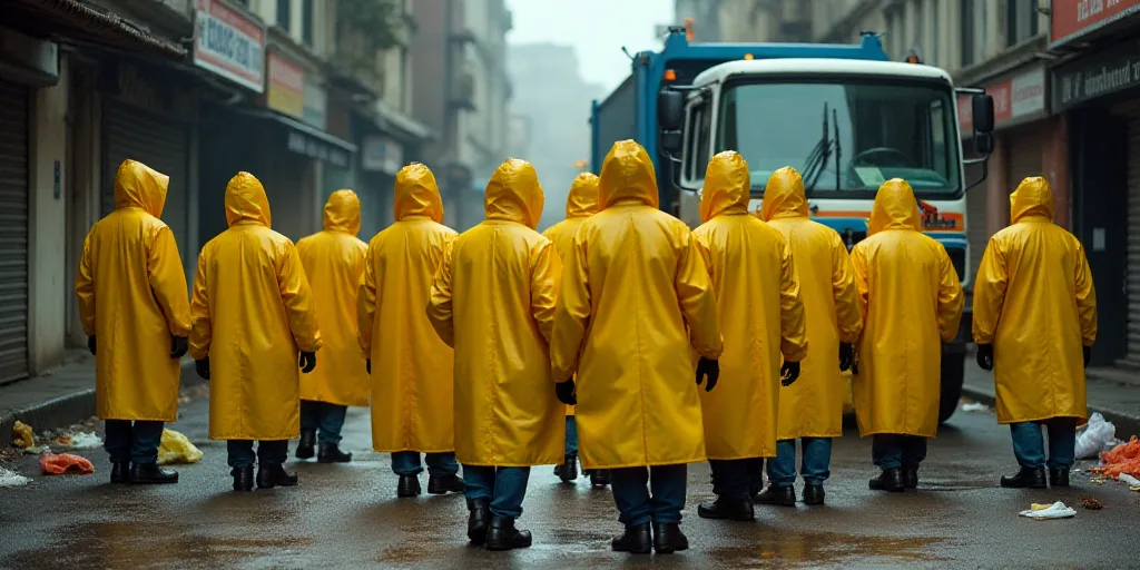 a group of people in yellow raincoats standing in a street with garbage on the ground and a garbage