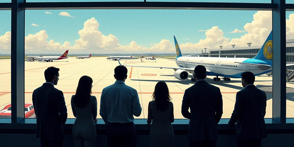 a group of people looking out a window at airplanes on the tarmac at an airport with a plane parked