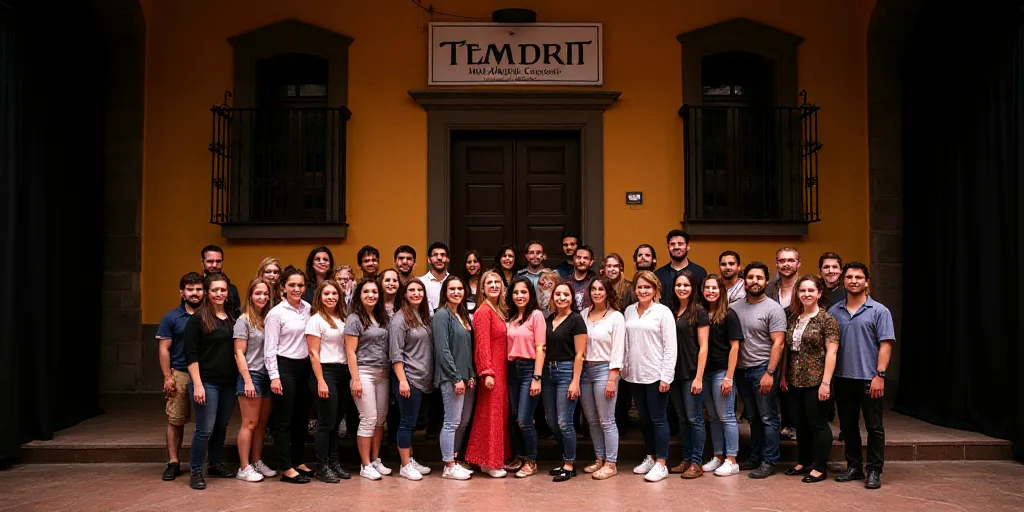 a group of people posing for a picture on stage in front of a building with a sign that says tempit,