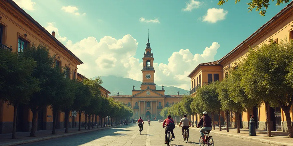 a group of people riding bikes down a street next to a tall building with a clock tower on top, Eddi