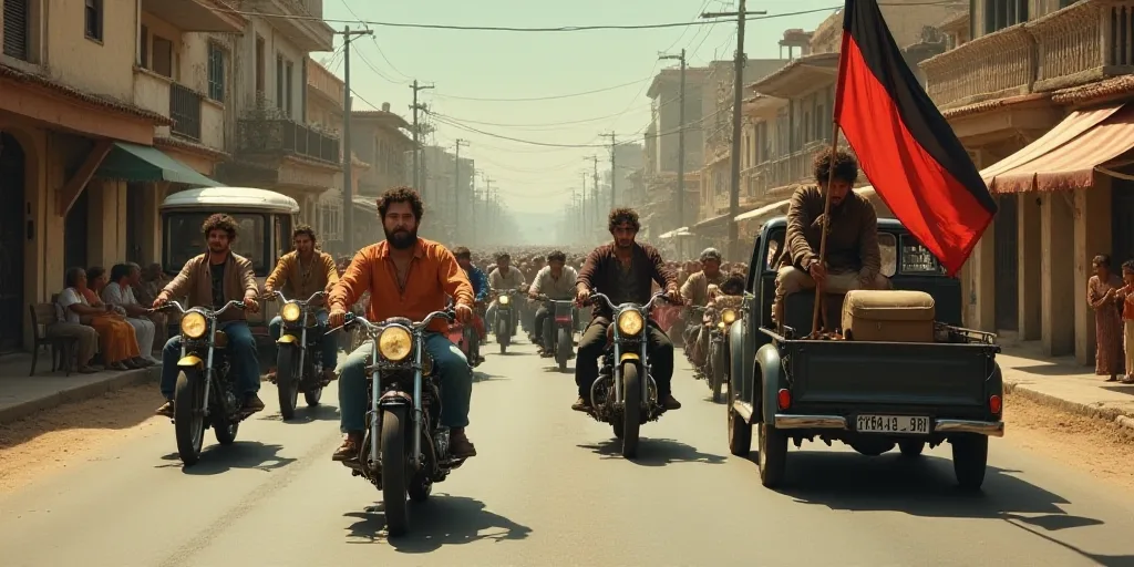 a group of people riding motorcycles down a street with a flag on the back of a car and a truck, Bou
