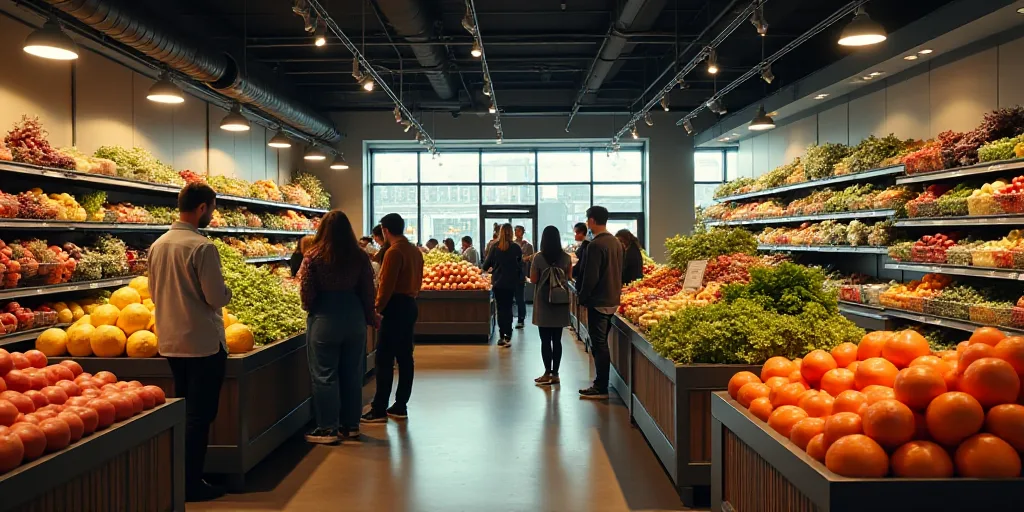 a group of people shopping in a grocery store filled with produce and vegetables and fruits and vege