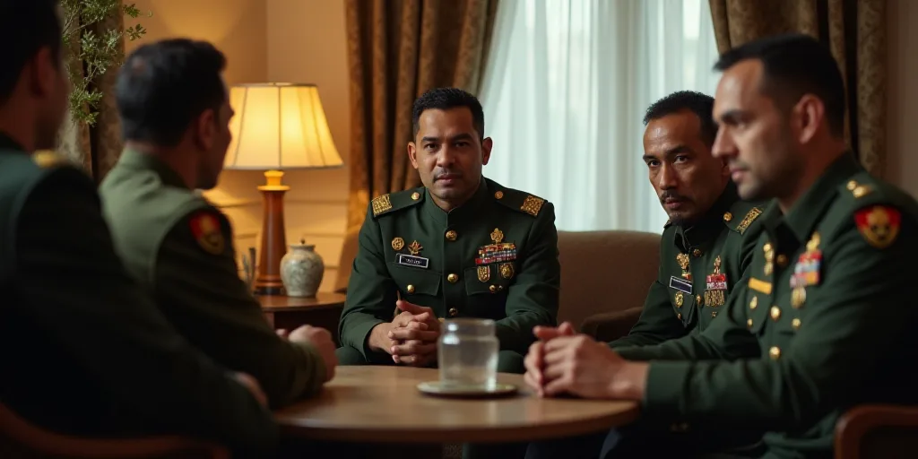 a group of people sitting around a living room together in military uniforms and a lamp on a table w
