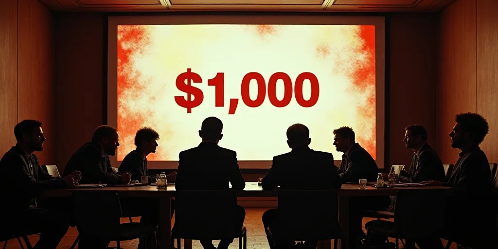 a group of people sitting around a table in a meeting room with a large screen behind them that says