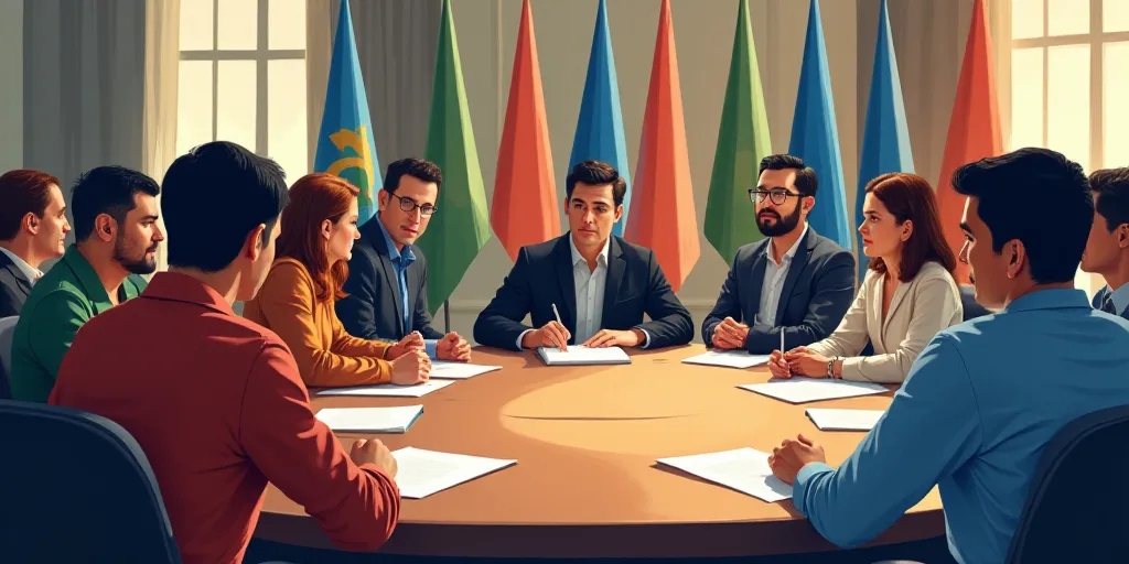 a group of people sitting around a table with papers on it and flags behind them in a meeting room,