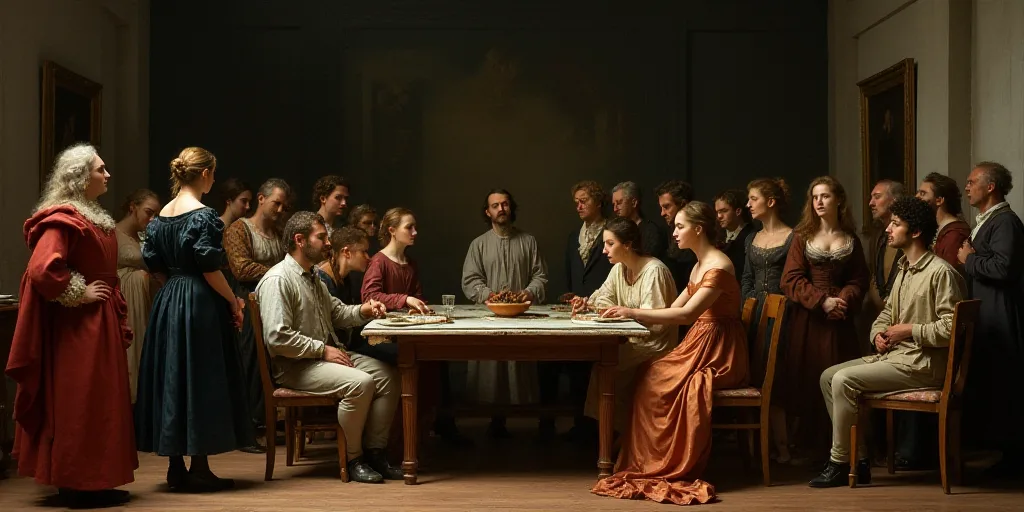a group of people sitting around a table in a room with a man standing up and a woman standing up, A