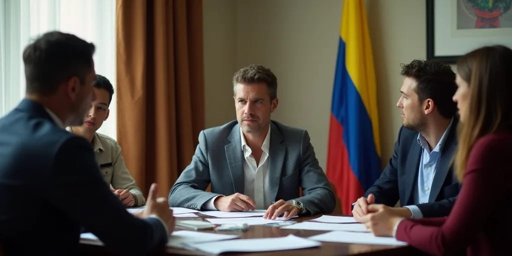 a group of people sitting around a table with papers on it and a flag hanging in the background of t