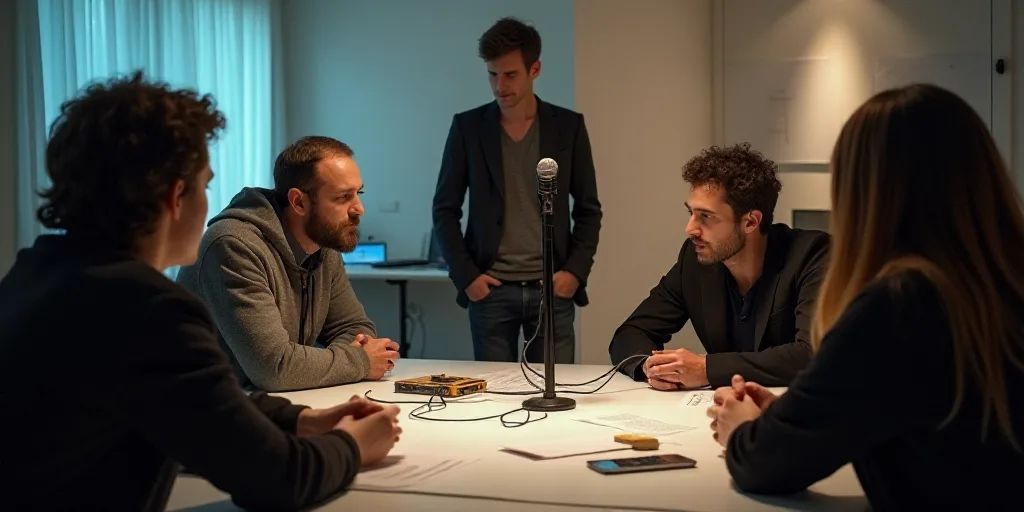 a group of people sitting around a table with papers on it and a microphone in the background with a