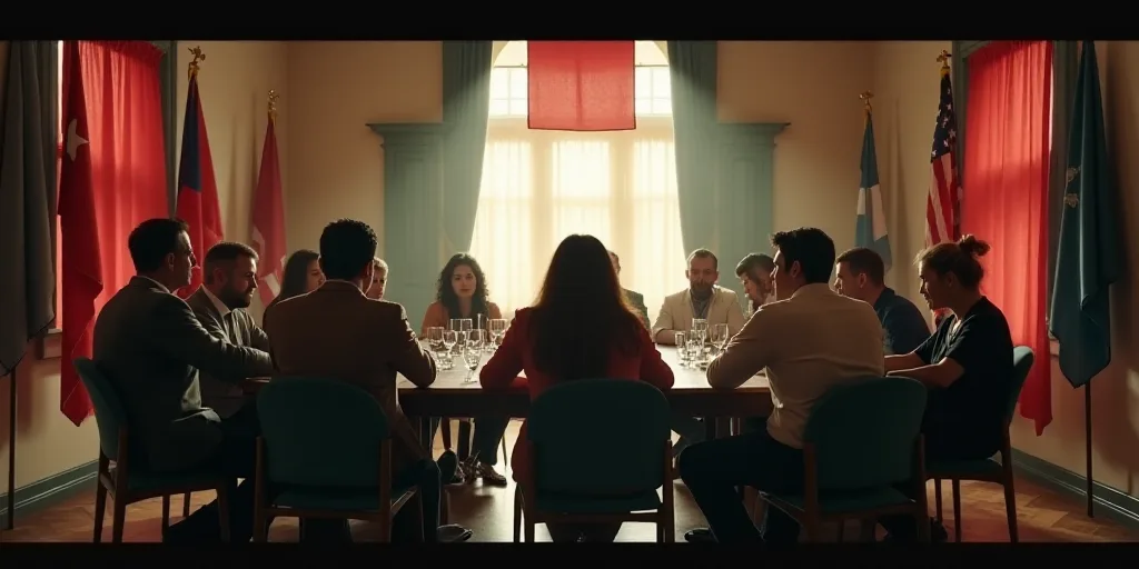 a group of people sitting around a table in a room with flags on the walls and a flag hanging from t