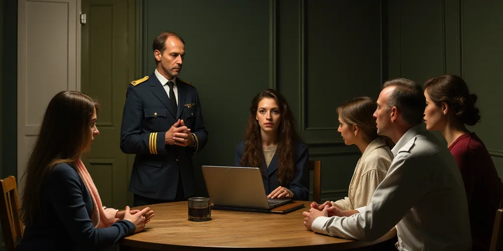 a group of people sitting around a table with a laptop computer on it and a man in uniform standing