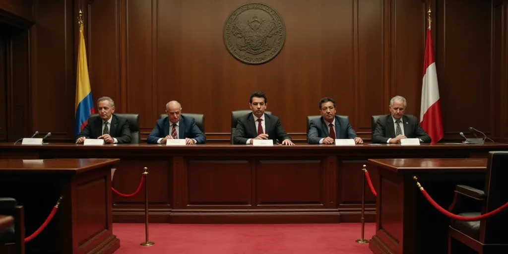 a group of people sitting at a table in a courtroom with a red rope around the perimeter of the room