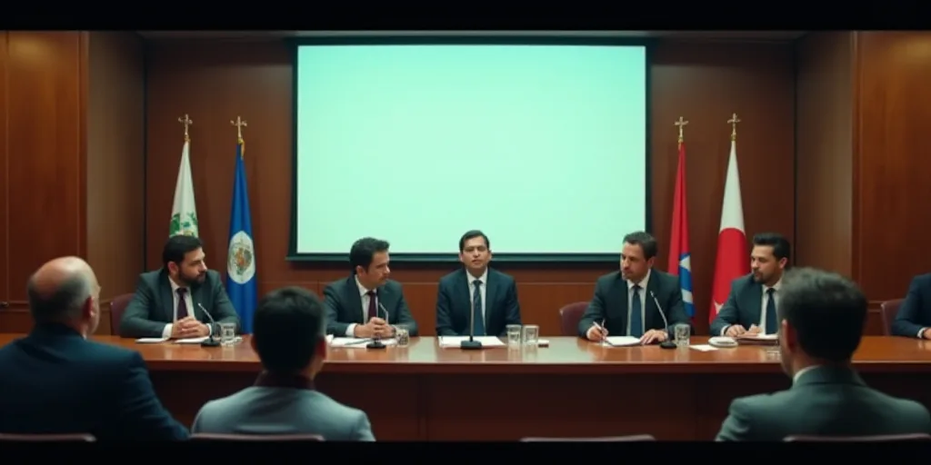 a group of people sitting at a table with flags behind them and a screen behind them with a large sc