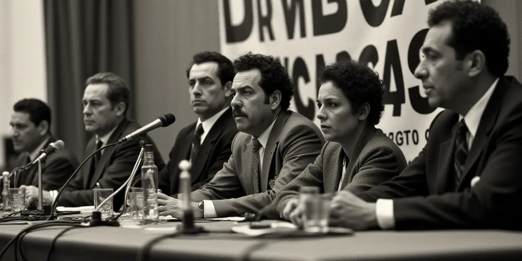 a group of people sitting at a table with microphones in front of them and a banner behind them, Dav