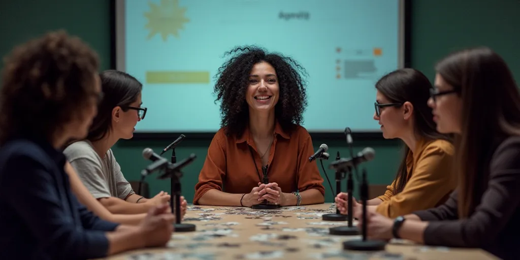 a group of people sitting at a table with microphones in front of them and a screen behind them, Ara