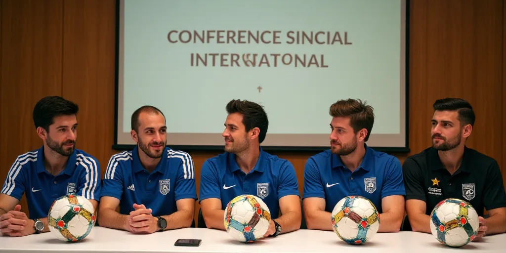 a group of people sitting at a table with soccer balls on it and a sign behind them that says, confe