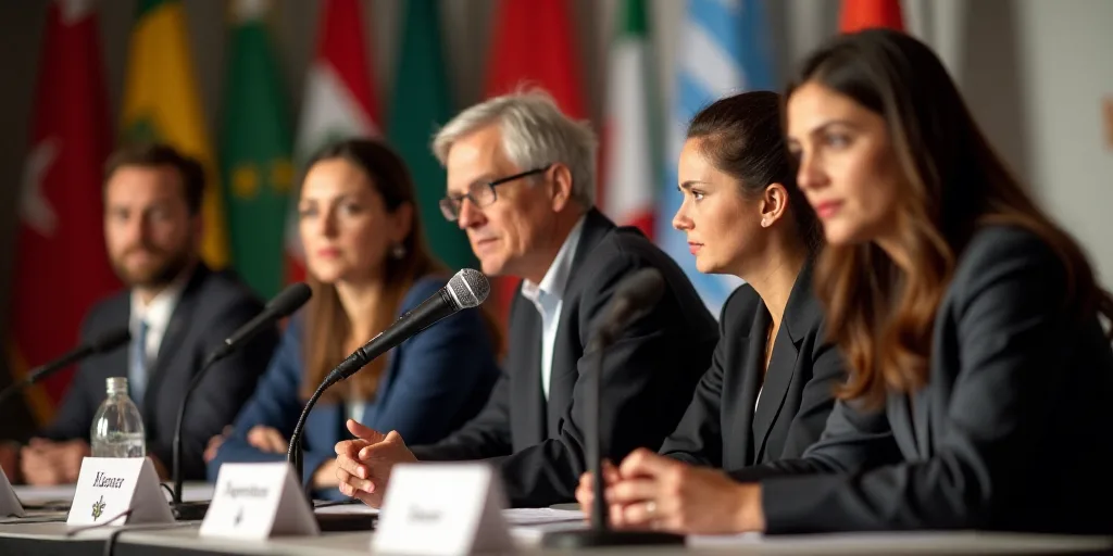 a group of people sitting at a table with flags behind them and a microphone in front of them with a