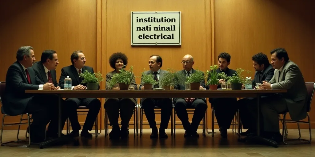 a group of people sitting at a table with plants in front of them and a sign that says institution n