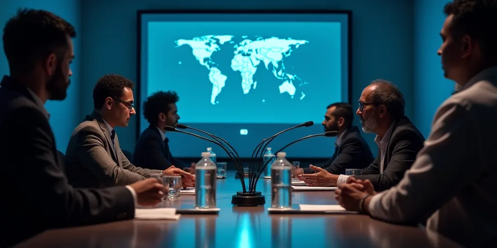 a group of people sitting at a table with microphones in front of them and a large screen behind the
