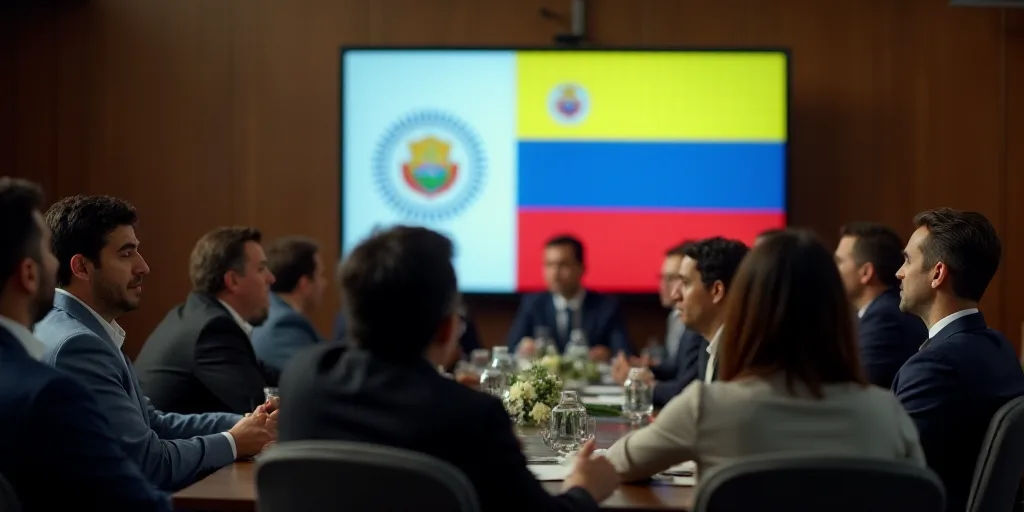 a group of people sitting at a table with a screen in front of them and a flag in the background, Fe
