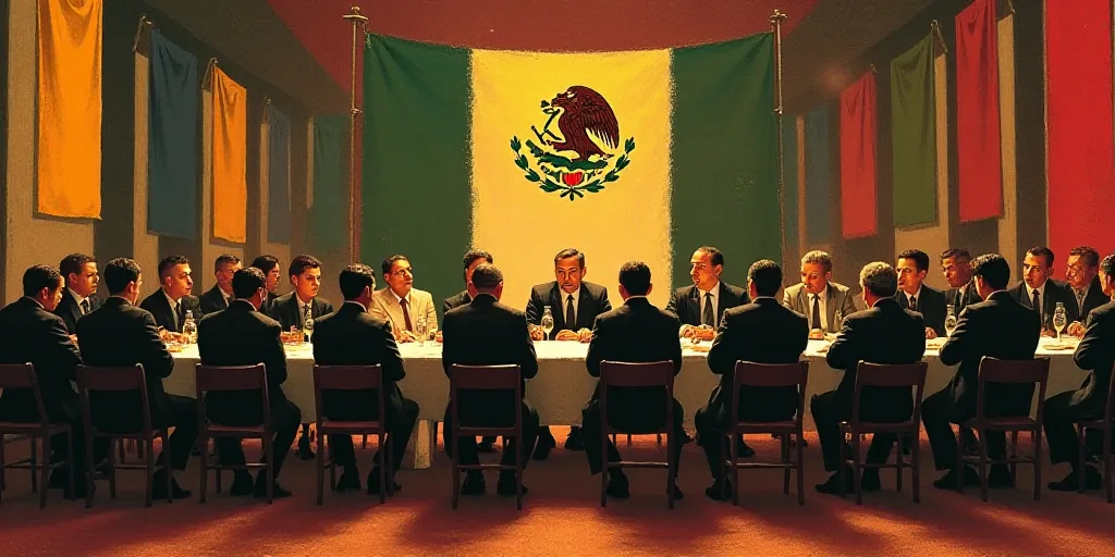 a group of people sitting at a table in a room with flags on the walls and a flag hanging from the c
