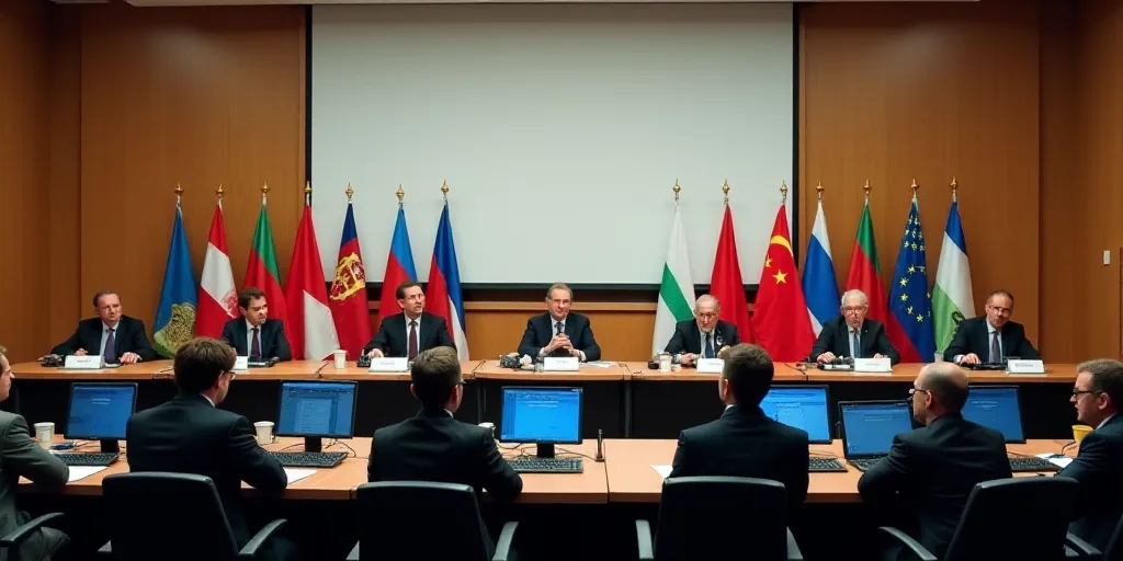 a group of people sitting at a table with computers in front of them and flags behind them in a conf