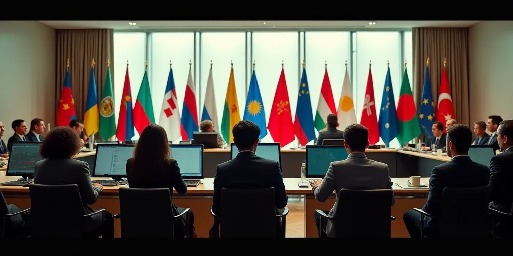 a group of people sitting at a table with computers in front of them and flags behind them in a conf