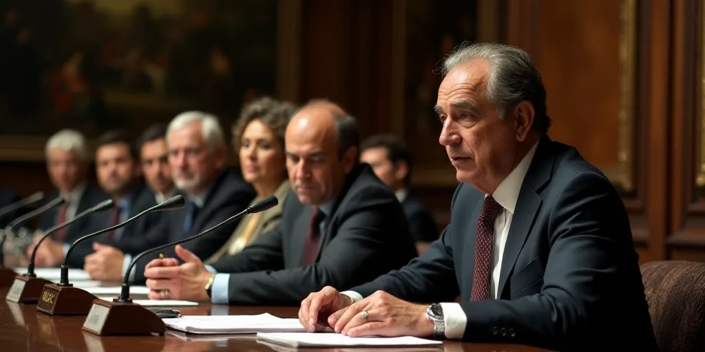 a group of people sitting at a table with microphones in front of them and a man in a suit, Federico