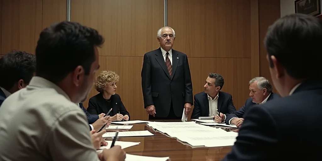 a group of people sitting at a table with papers and pens in front of them and a man standing at the