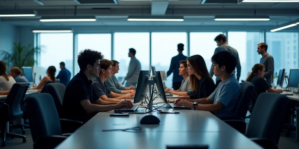 a group of people sitting at a table working on computers in an office setting with people walking b