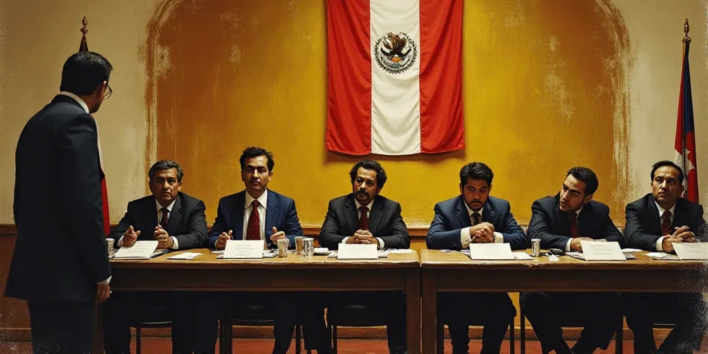 a group of people sitting at a table with papers in front of them and a flag hanging on the wall, Da