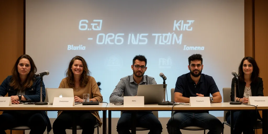 a group of people sitting at a table with laptops and microphones in front of them, with a banner be